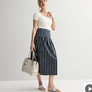 Nine West Navy Vertical-Stripe Midi Skirt